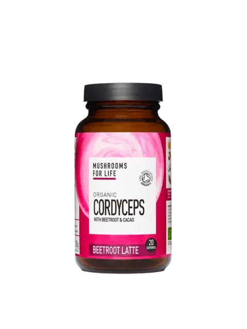 Jar of Organic Cordyceps Beetroot Latte with cacao, 20 servings.