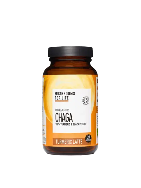Mushrooms For Life Organic Chaga Turmeric Latte jar, 120g, 20 servings.