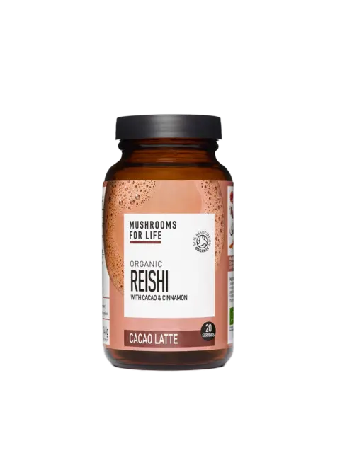 Brown jar of Organic Reishi Cacao Latte with 20 servings label.