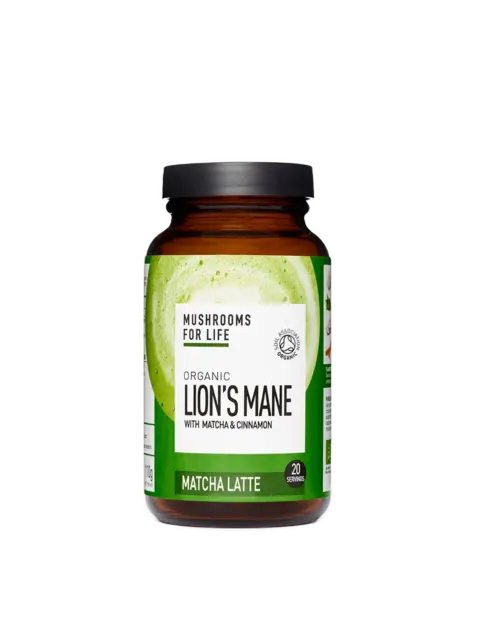 Brown jar of Organic Lion's Mane Matcha Latte, 20 servings, by Mushrooms For Life.