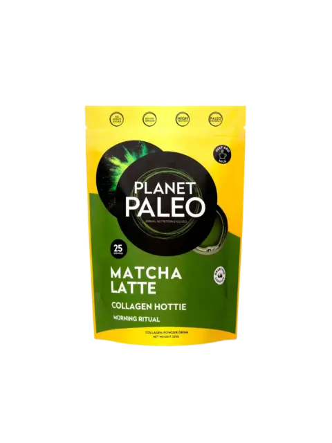 Planet Paleo Matcha Latte Collagen Hottie, 225g, yellow and green packaging.