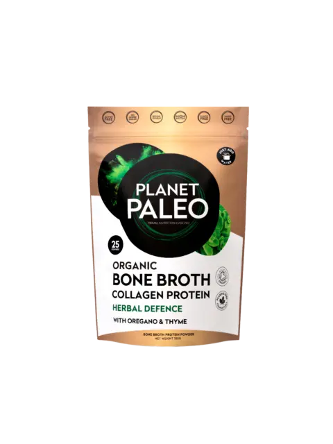 Planet Paleo Organic Bone Broth Collagen Protein, Herbal Defence, 235g pouch.