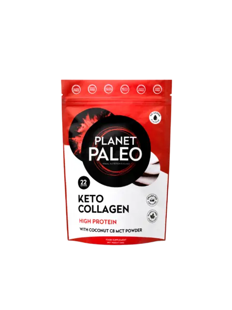 Planet Paleo Keto Collagen, high protein, 22 servings, coconut C8 MCT powder, 220g pouch.