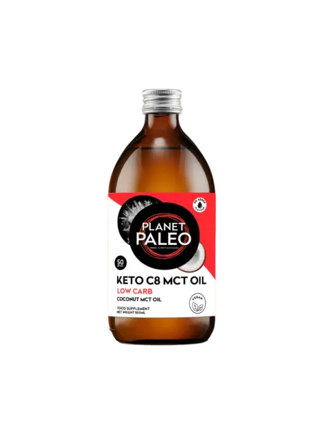 Planet Paleo Keto C8 MCT Oil bottle, 500ml, low carb coconut oil supplement.