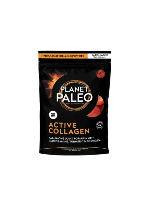 Planet Paleo Active Collagen, 270g, strawberry flavour, 30 servings, with glucosamine and turmeric.