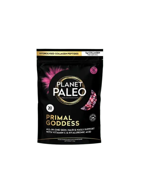 Planet Paleo Primal Goddess supplement, 30 servings, collagen peptides, vitamin C, hyaluronic acid.