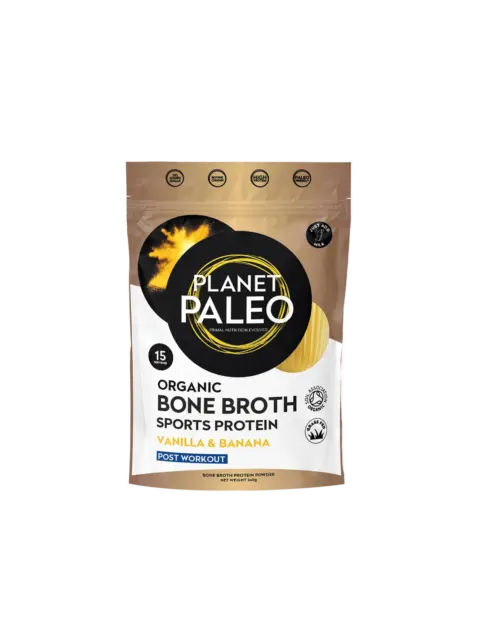 Planet Paleo Organic Bone Broth Sports Protein, Vanilla & Banana, 240g pouch.