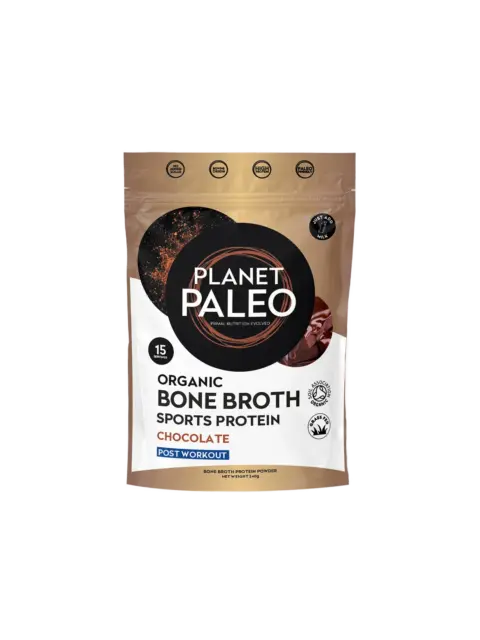 Planet Paleo Organic Bone Broth Sports Protein, Chocolate flavour, 240g pouch.