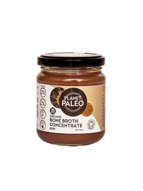 Planet Paleo Organic Beef Bone Broth Concentrate jar, 250g, with nutritional info on label.