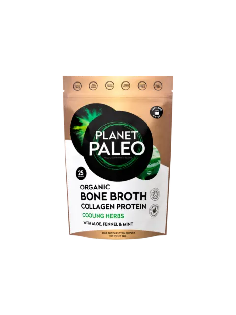 Planet Paleo Organic Bone Broth Collagen Protein with cooling herbs, 225g pouch.