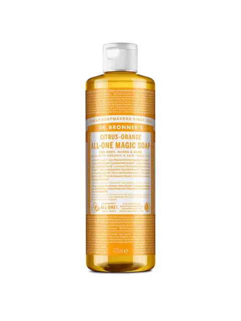 Dr. Bronner's Citrus-Orange Magic Soap, 475ml bottle with detailed label text.