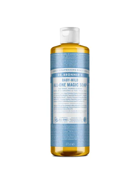 Dr. Bronner's Baby-Mild All-One Magic Soap, 475ml bottle with blue label.
