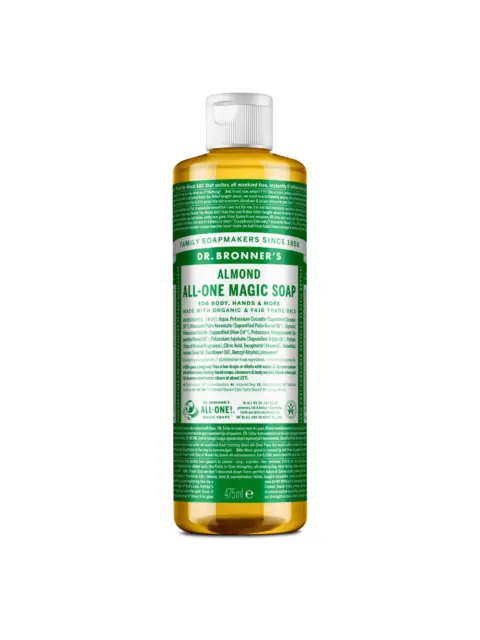 Dr. Bronner's Almond All-One Magic Soap, 475ml bottle with green label.