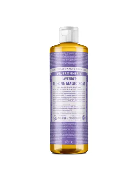 Dr. Bronner's Lavender All-One Magic Soap, 475ml bottle with purple label.