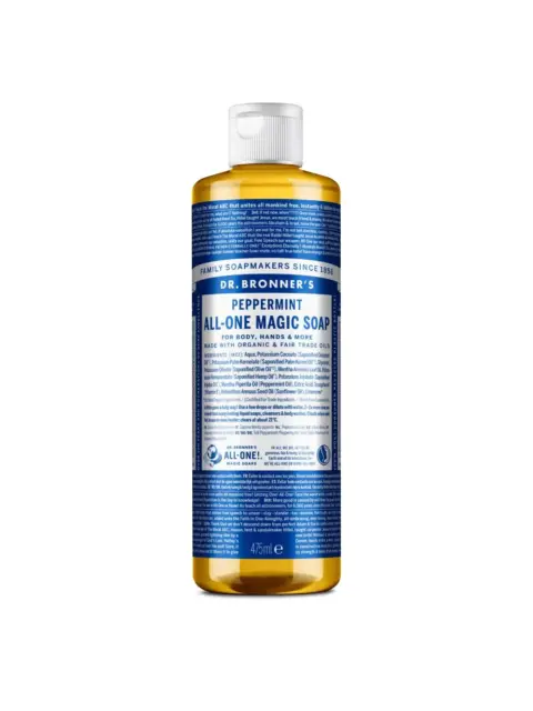 Dr. Bronner's Peppermint All-One Magic Soap, 475ml bottle with blue label and white text.