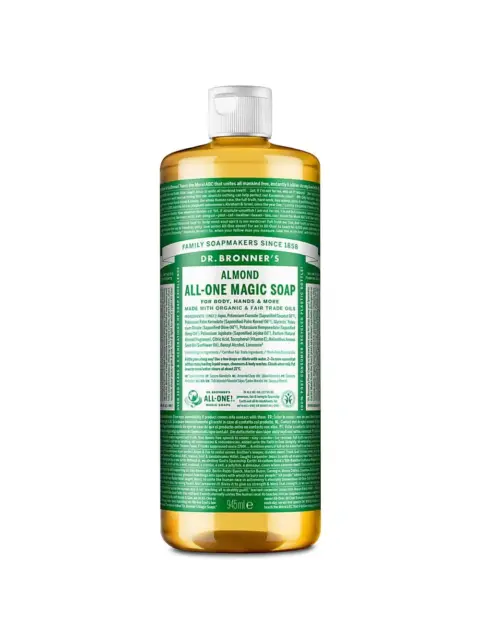 Dr. Bronner's Almond All-One Magic Soap, 945ml bottle with green label.