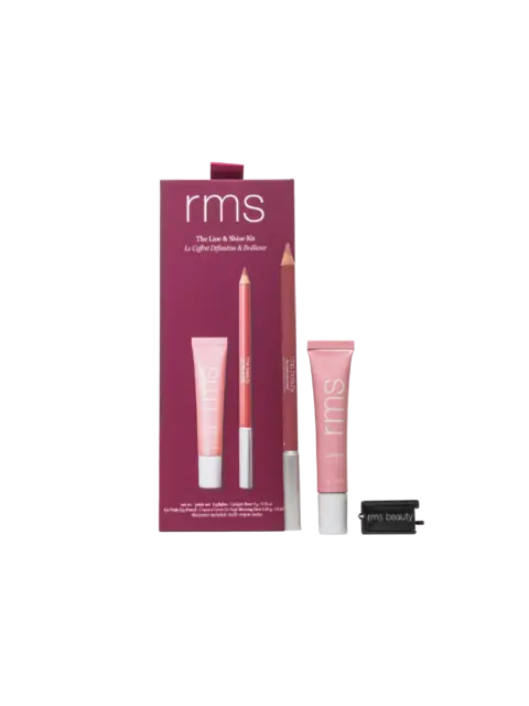 RMS Line & Shine Kit with lip pencil, gloss, and sharpener in pink packaging.