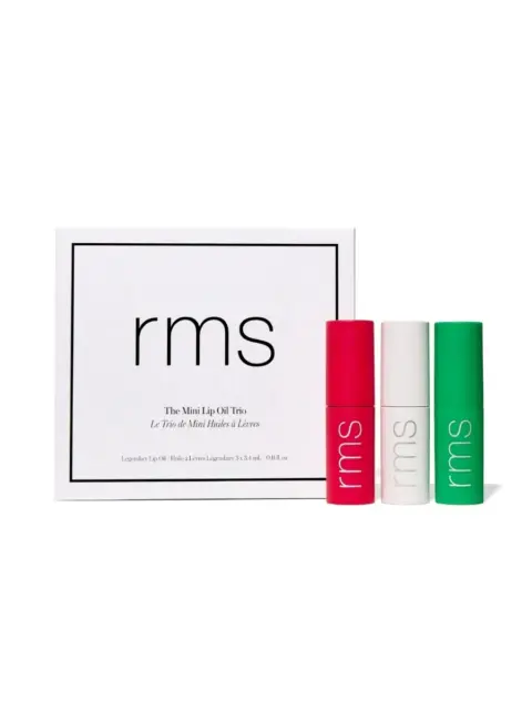 Rms Mini Lip Oil Trio with red, white, and green tubes beside the packaging.