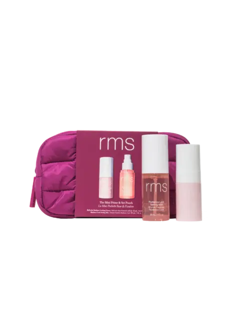 RMS Mini Prime & Set Punch kit with pink pouch and two skincare bottles.
