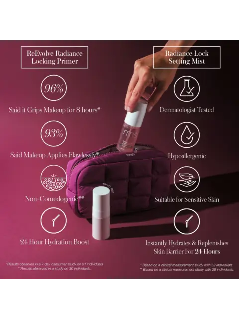 Hand holding RMS primer above purple cosmetic bag, surrounded by product benefits text.