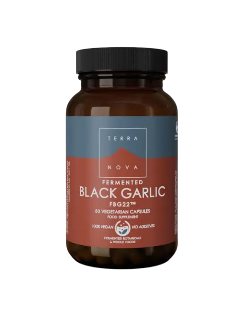 Brown bottle of Terra Nova Fermented Black Garlic capsules, 50 vegetarian, vegan, no additives.