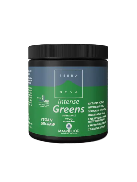 Terranova Intense Greens super-shake, vegan, 224g, with various green ingredients listed.