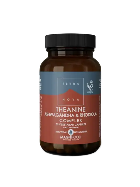 Terranova Theanine Ashwagandha & Rhodiola Complex, 50 vegan capsules, brown bottle.