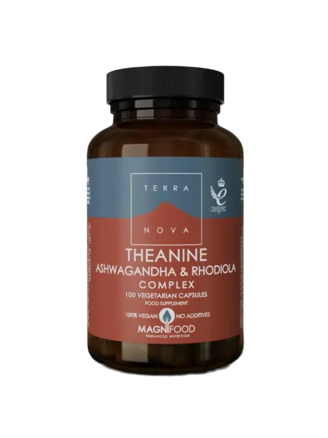 Terranova Theanine Ashwagandha & Rhodiola Complex, 100 vegetarian capsules, vegan, no additives.