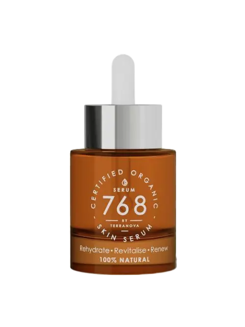 Brown bottle of 768 Skin Serum with dropper, labelled certified organic and 100% natural.