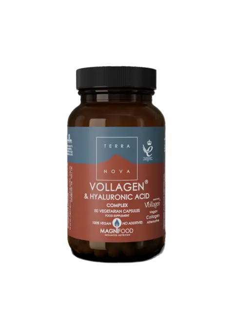 Terranova Vollagen & Hyaluronic Acid capsules, vegan, 50 count, brown bottle with black lid.
