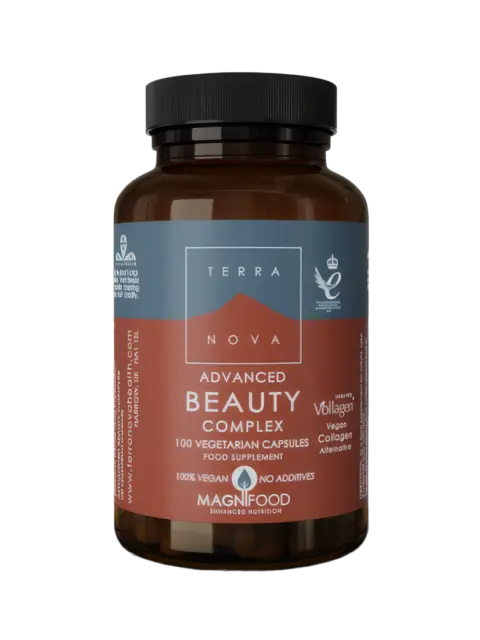 Brown bottle of Terranova Advanced Beauty Complex, 100 vegetarian capsules.