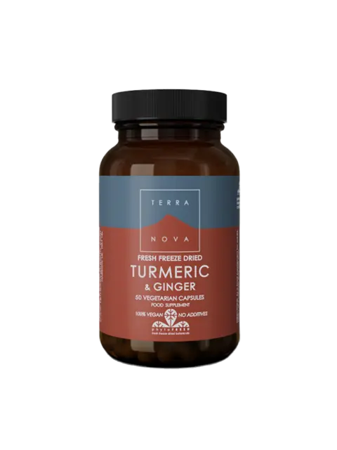 Terranova turmeric and ginger capsules, 50 vegetarian, 100% vegan, no additives.