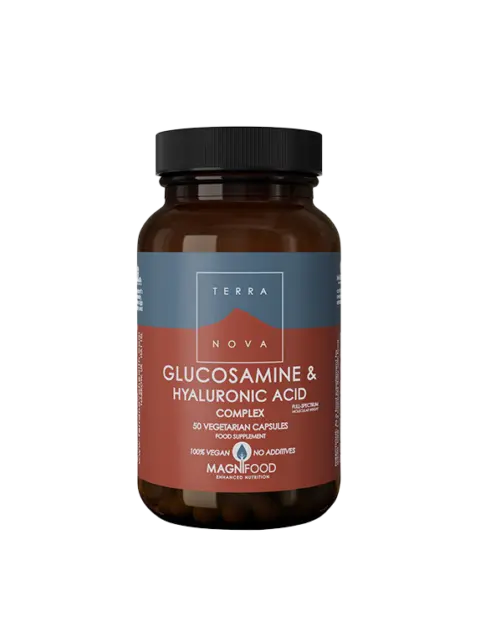 Terranova Glucosamine & Hyaluronic Acid Complex, 50 vegetarian capsules, vegan, no additives.