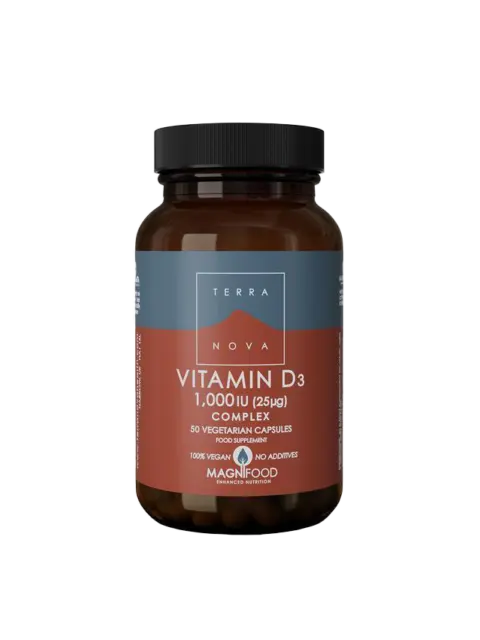 Terranova Vitamin D3 Complex, 50 vegetarian capsules, 100% vegan, no additives.
