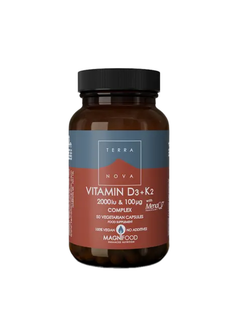 Terranova Vitamin D3+K2 complex, 50 vegetarian capsules, vegan, no additives.