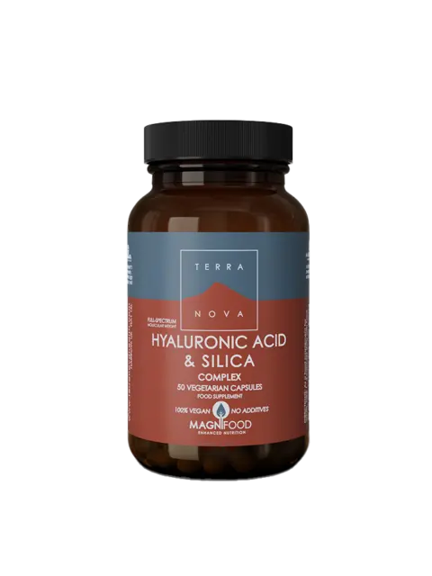 Brown bottle of Terranova Hyaluronic Acid & Silica capsules, 50 count, vegan, no additives.