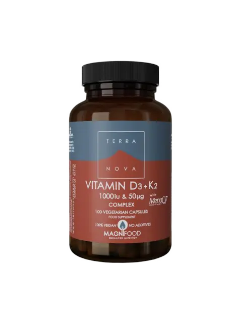 Terranova Vitamin D3+K2 complex, 100 vegetarian capsules, 100% vegan, no additives.