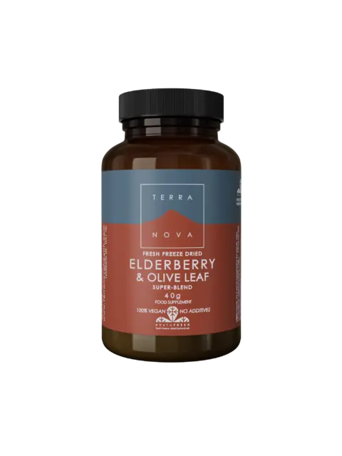 Terranova Elderberry & Olive Leaf supplement, 40g, vegan, no additives.