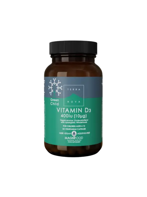 Terranova Green Child Vitamin D3, 400iu, 50 vegan capsules for ages 4-12.