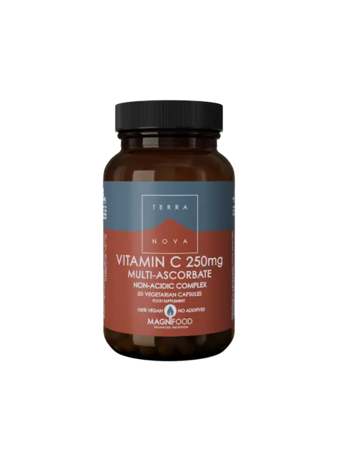 Terranova Vitamin C 250mg capsules, non-acidic, 50 vegetarian capsules, vegan, no additives.