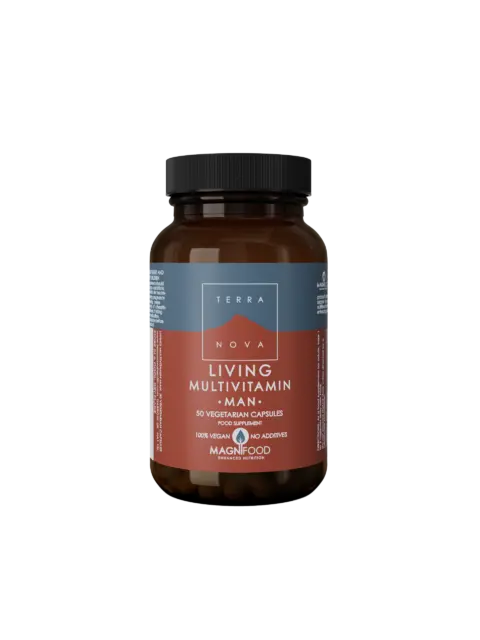 Brown bottle of Terra Nova Living Multivitamin Man, 50 vegetarian capsules.