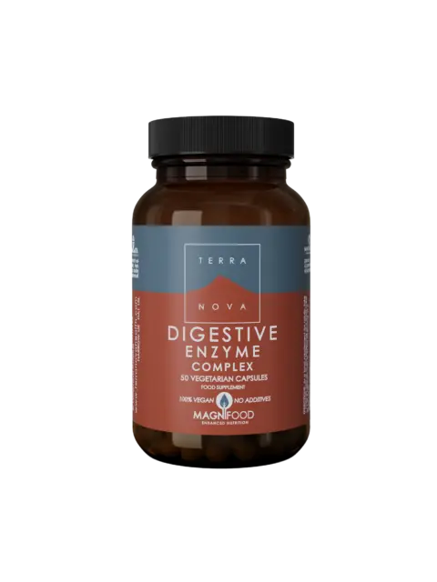 Brown bottle of Terra Nova Digestive Enzyme Complex, 50 vegetarian capsules.
