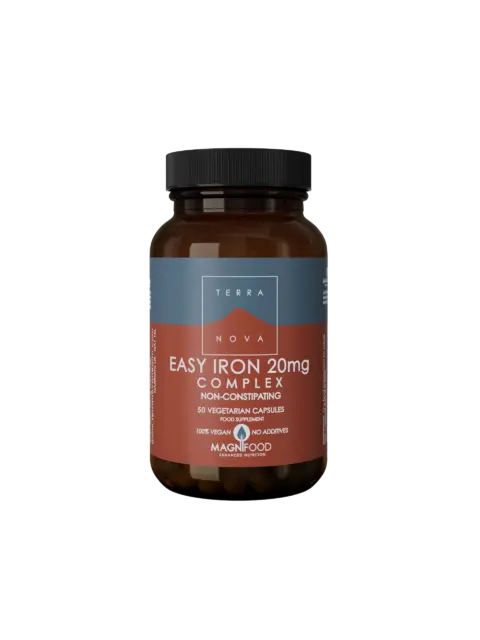 Terranova Easy Iron 20mg Complex, 50 vegetarian capsules, non-constipating, vegan, no additives.