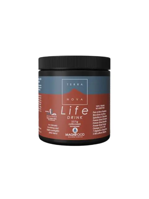 Terranova Life Drink, 227g, unflavoured, vegan, no additives, in a black container.