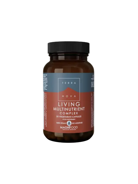 Brown bottle of Terranova Living Multinutrient Complex, 50 vegetarian capsules.