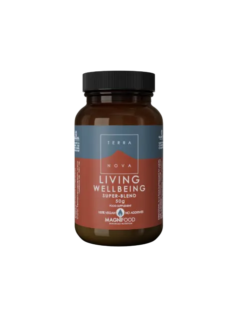 Brown jar with black lid, labelled "Terra Nova Living Wellbeing Super-Blend 50g".