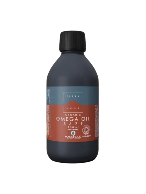 Terranova Omega Oil bottle, 250ml, organic, vegan, with red and blue label.