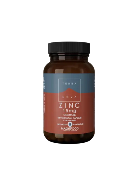 Brown bottle of Terra Nova Zinc Complex, 15mg, 50 vegetarian capsules.