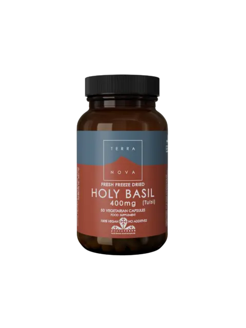 Brown bottle of Holy Basil capsules, 400mg, 50 vegetarian capsules, vegan, no additives.