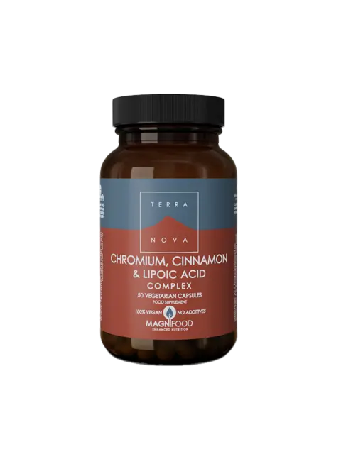 Brown bottle of Terra Nova Chromium, Cinnamon & Lipoic Acid Complex, 50 vegetarian capsules.